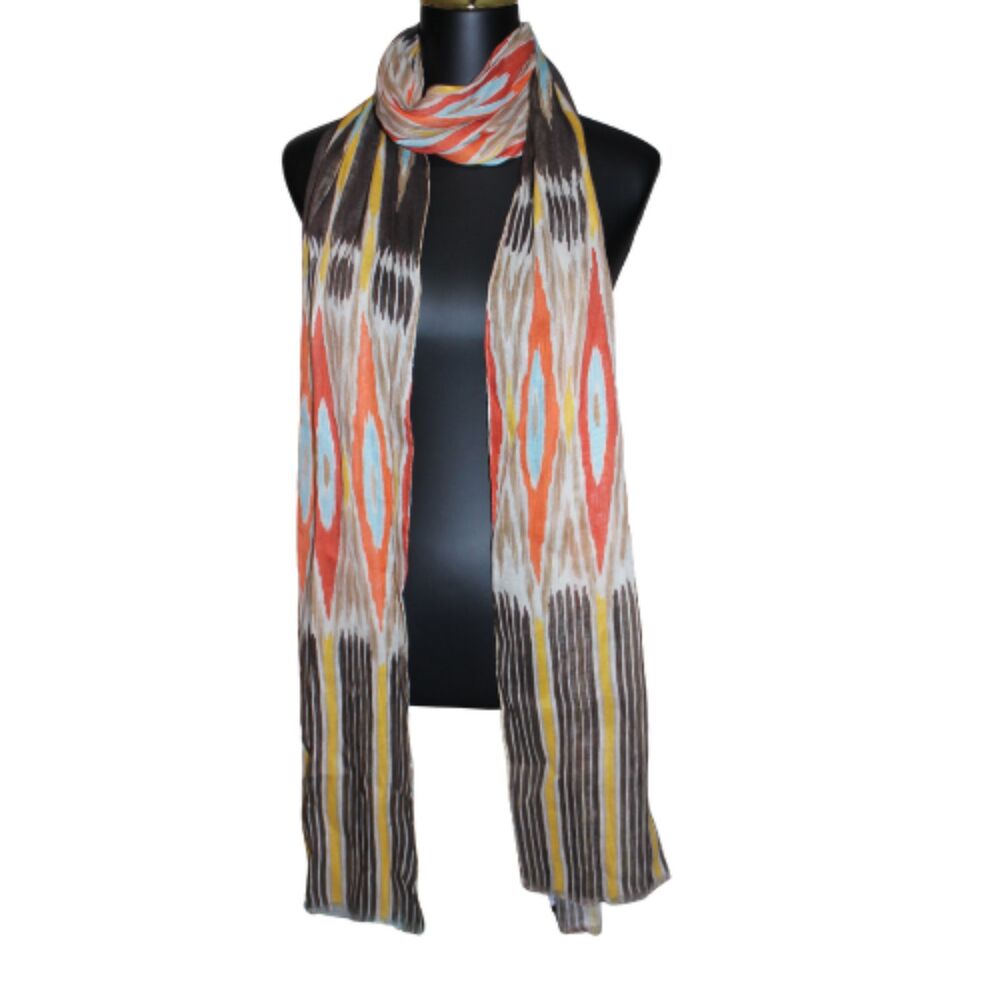 Carlisle Silk Linen Blend Long Scarf Shawl Brown Orange Blue Brown Yellow